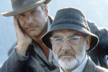 Actors Harrison Ford and Sean Connery on the set of "Indiana Jones and the Last Crusade". (Photo by ...