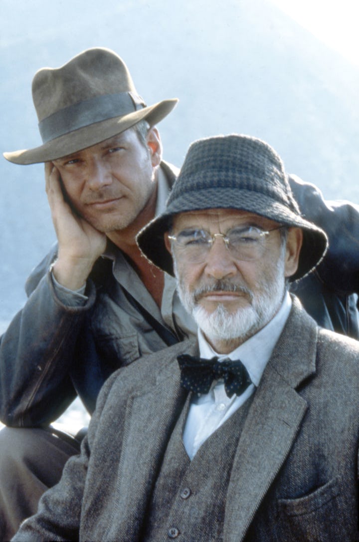 Actors Harrison Ford and Sean Connery on the set of "Indiana Jones and the Last Crusade". (Photo by ...