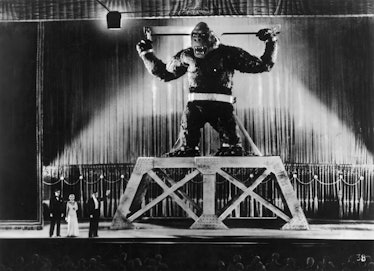 1933:  The giant ape is displayed on stage in New York by its captors in a scene from RKO's classic ...