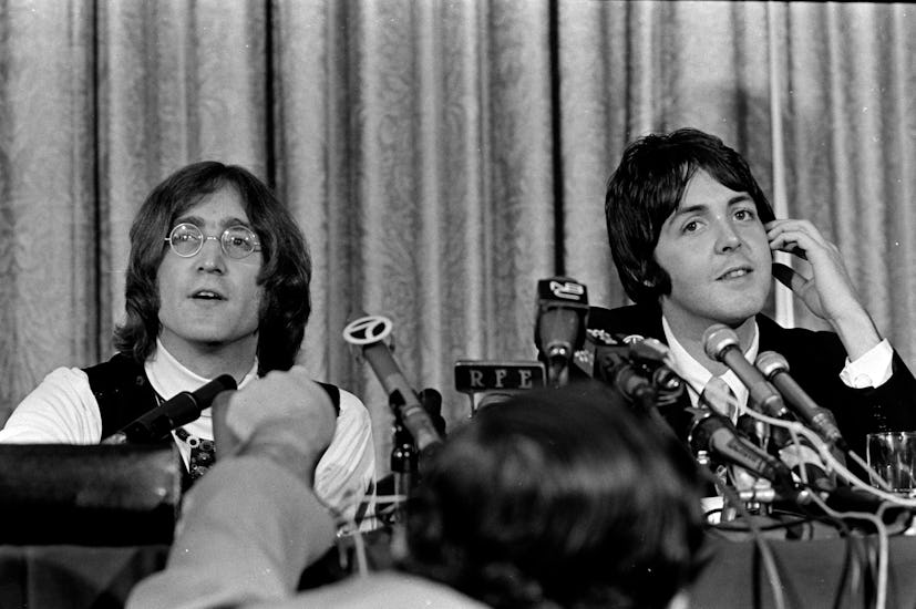 Musicians John Lennon and Paul McCartney introduce Apple Corps to the United States. Press conferenc...
