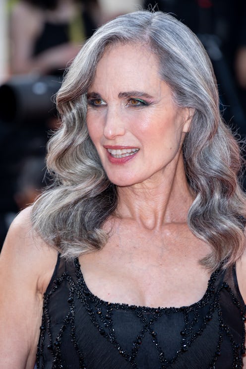 Andie MacDowell long curled gray hair at Cannes 2023