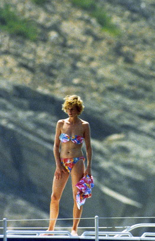 Princess Diana wearing a patterned bikini.