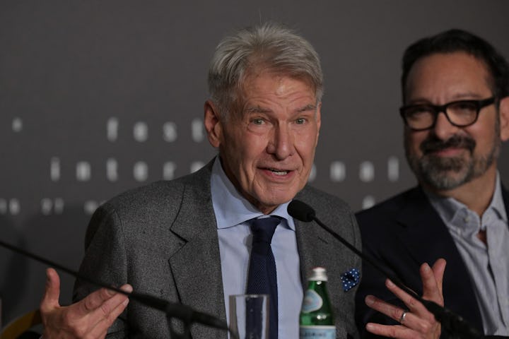 US actor Harrison Ford speaks during a press conference for the film "Indiana Jones and the Dial of ...