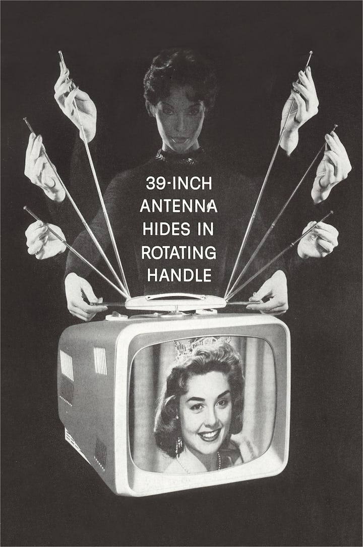 Using a photographic trick, multiple hands appear to demonstrate an adjustable and retractable TV an...