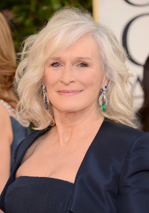 Glenn Close long gray hair with side bangs at Golden Globes 2015