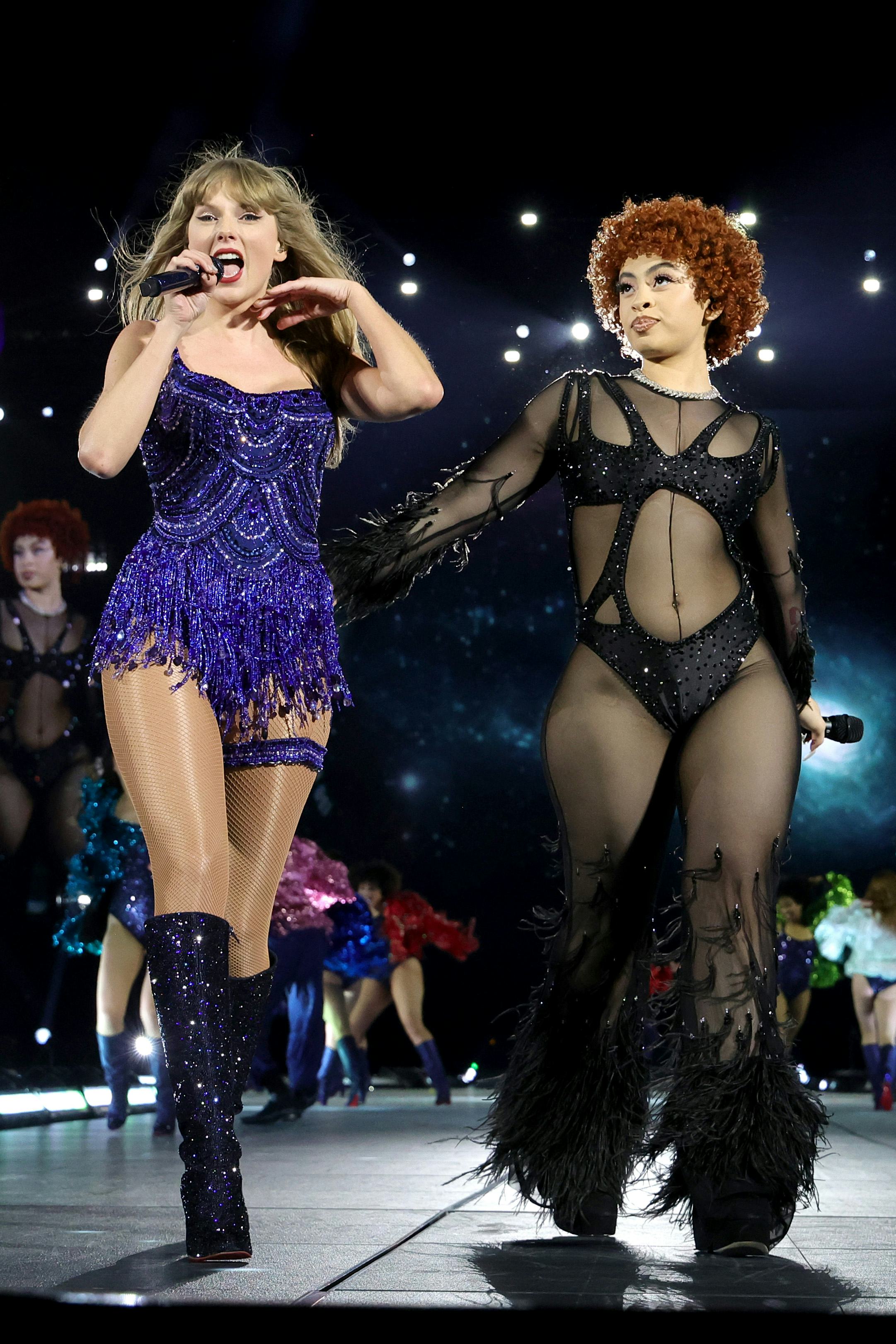 Ice Spice performs with Taylor Swift in a Theophilio sheer jumpsuit during Taylor Swift&rsquo;s Eras Tour.
