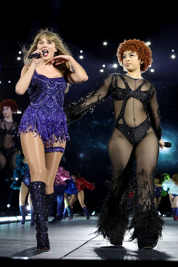 Ice Spice performs with Taylor Swift in a Theophilio sheer jumpsuit during Taylor Swift's Eras Tour.