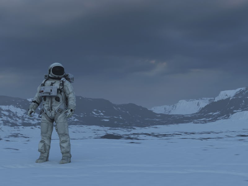Astronaut exploring cold remote planet