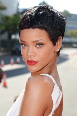 Rihanna pixie cut 2012 with red lipstick