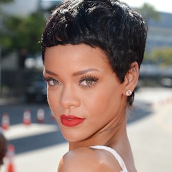 Rihanna pixie cut 2012 with red lipstick