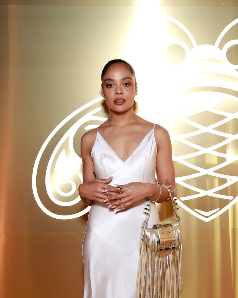 Tessa Thompson white satin gown