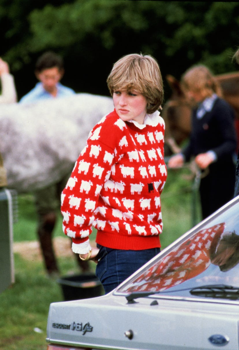 Diana, Princess of Wales (1961 - 1997) wearing 'Black sheep' wool jumper by Warm and Wonderful.