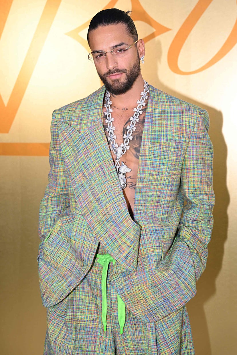 Colombian singer Maluma poses for a photocall at the Louis Vuitton Menswear Spring-Summer 2024 show ...