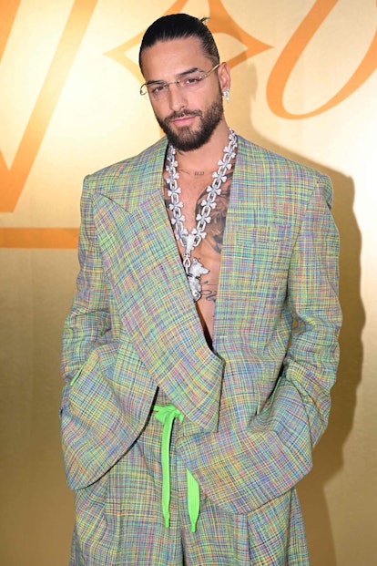 Colombian singer Maluma poses for a photocall at the Louis Vuitton Menswear Spring-Summer 2024 show ...