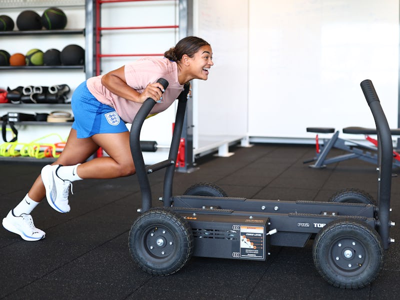 BURTON-UPON-TRENT, ENGLAND - JUNE 19: Jess Carter of England trains in the gym at St Georges Park on...