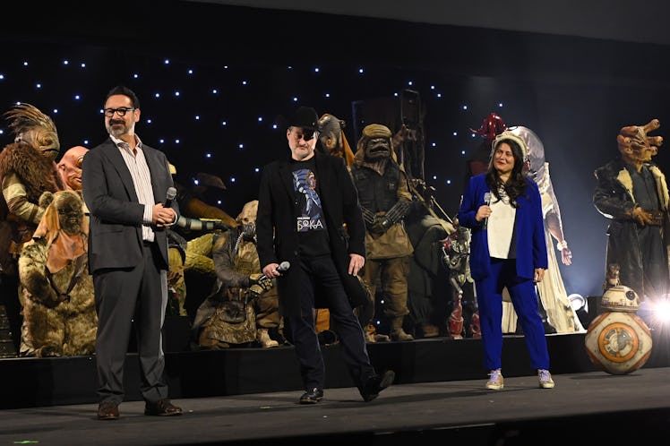 LONDON, ENGLAND - APRIL 07: James Mangold, Dave Filoni, and Sharmeen Obaid-Chinoy onstage during the...