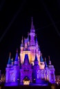 Cinderella Castle inside the Magic Kingdom Park is lit purple and gold in honor of the Los Angeles L...