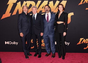 Mads Mikkelsen, Harrison Ford, James Mangold and Phoebe Waller-Bridge at the premiere of "Indiana Jo...