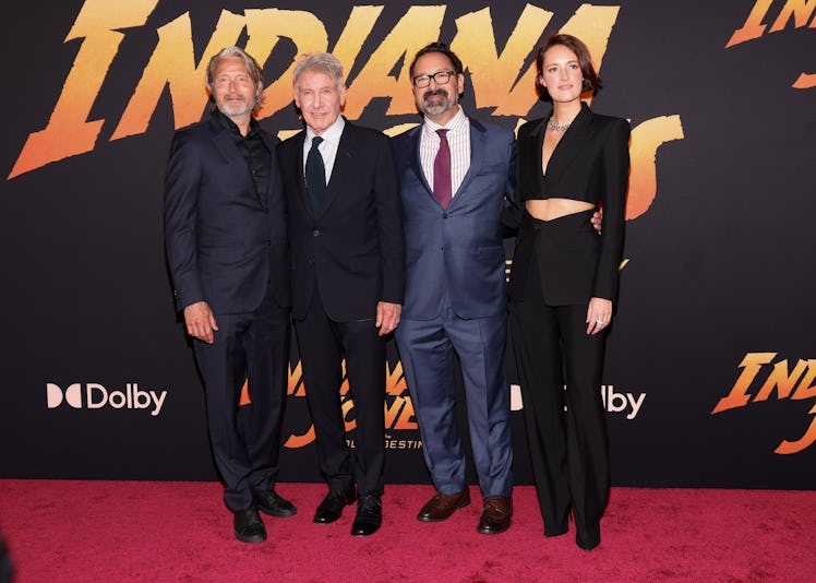 Mads Mikkelsen, Harrison Ford, James Mangold and Phoebe Waller-Bridge at the premiere of "Indiana Jo...
