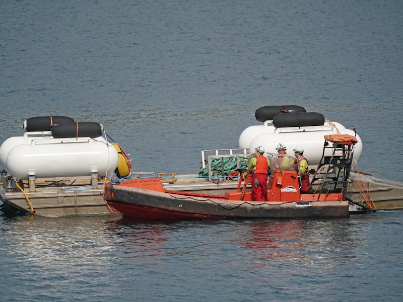 The launch platform used for the Titan submersible, is towed at the Port of St. John's in Newfoundla...