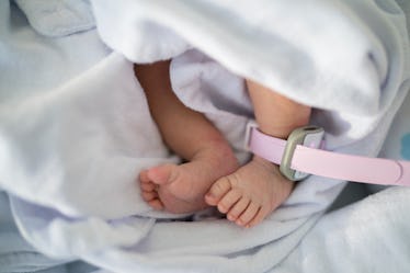 婴儿——人类的时代,新生婴儿的脚暖和的毯子。