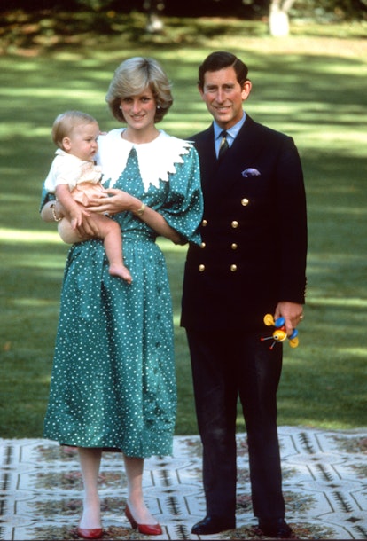 Princess Diana wearing a green dress with white polka dots and a puritan collar. 