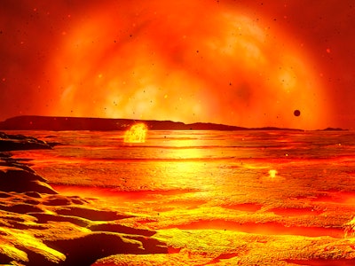 Sun over dying Earth. Illustration of the Sun, around 5 billion years in the future, heating a dying...