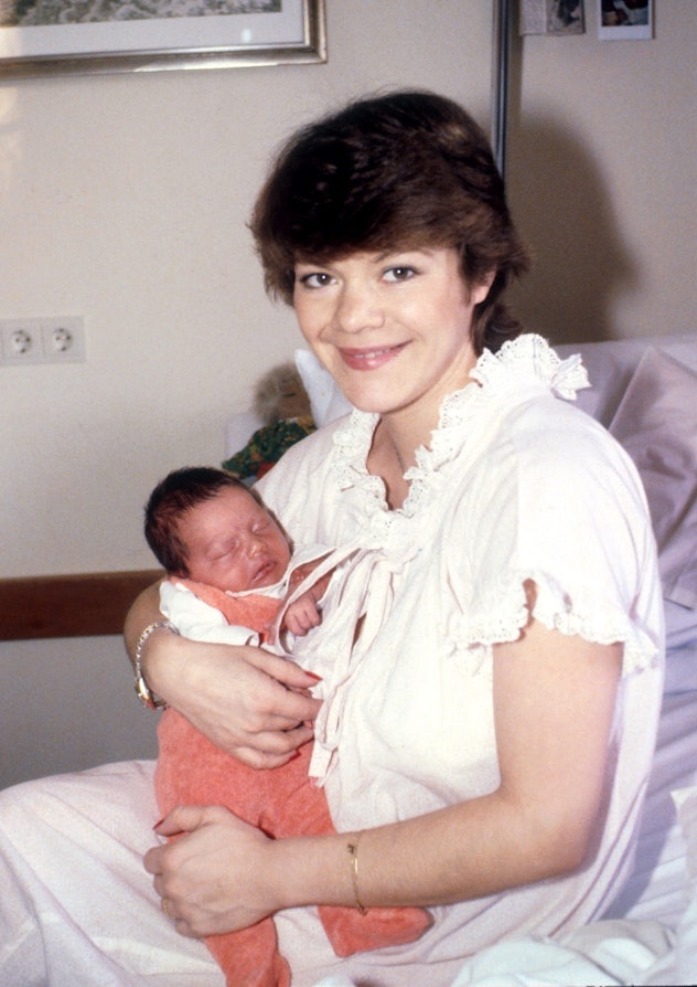 vintage photo of actress Elke Aberle in the maternity ward with her new baby (Photo by Peter Bischof...
