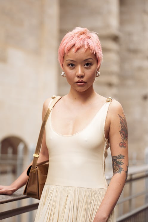 woman with pink pixie cut