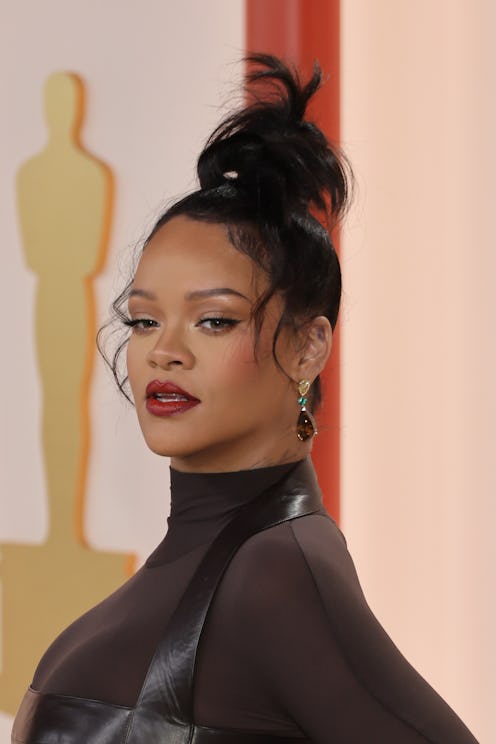A close-up photo of Rihanna at the 95th Annual Academy Awards. 