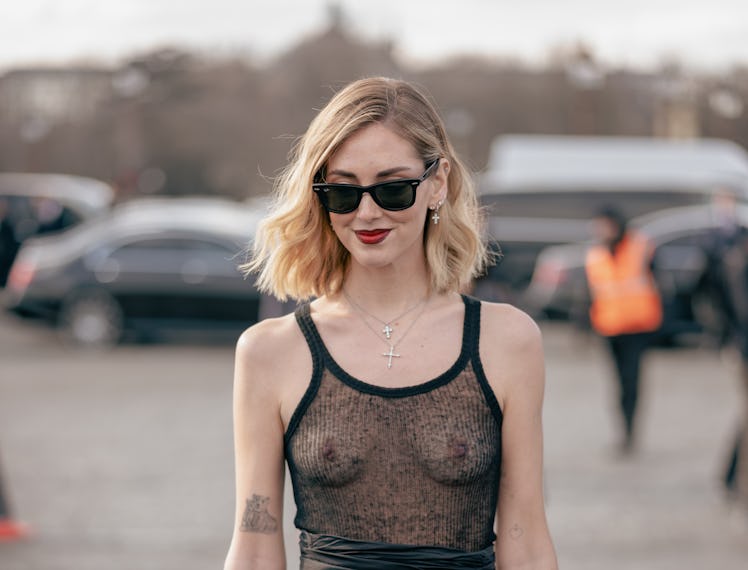 PARIS, FRANCE - FEBRUARY 28: (EDITORS NOTE: Image contains nudity.) Chiara Ferragni wears a sheer bl...
