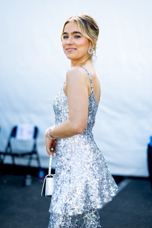 Haley Lu Richardson wears a sequin dress and matching pants