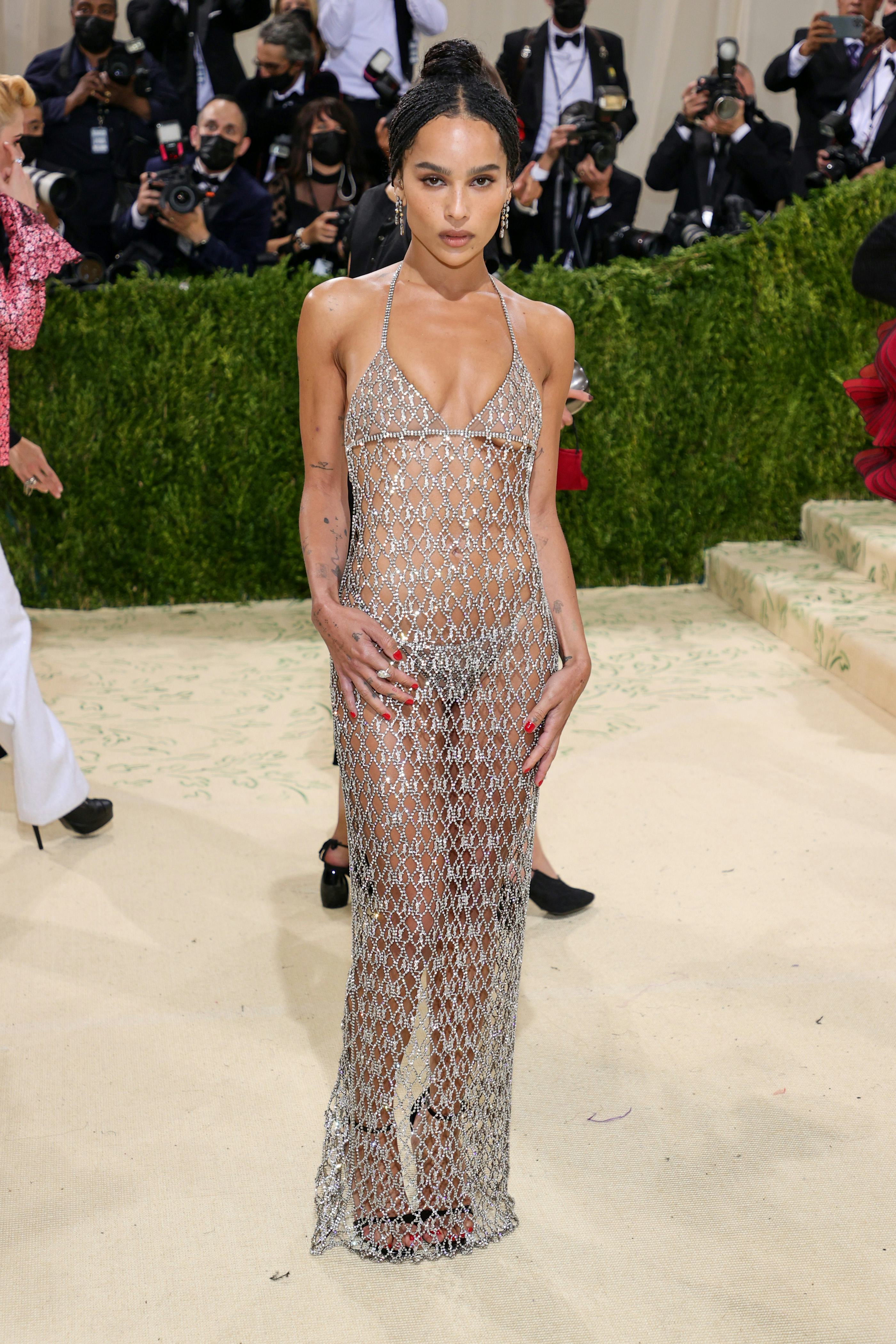 Zoë Kravitz wears a bejeweled sheer dress at the 2021 Met Gala.