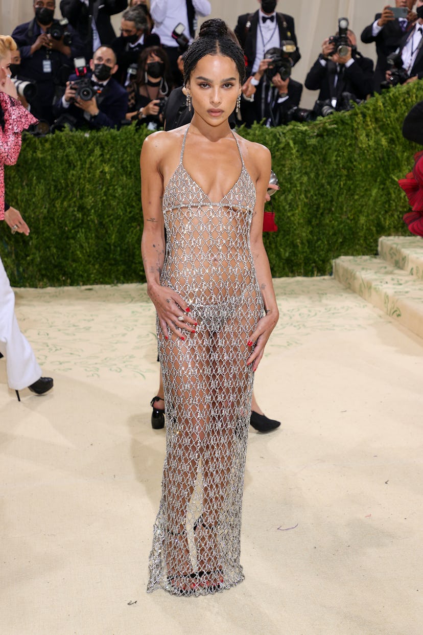 Zoë Kravitz wears a bejeweled sheer dress at the 2021 Met Gala.