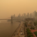 NEW YORK, UNITED STATES - JUNE 7: View on June 7, 2023 of hazy New York city skylines during bad air...