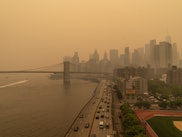 NEW YORK, UNITED STATES - JUNE 7: View on June 7, 2023 of hazy New York city skylines during bad air...