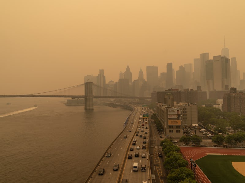 NEW YORK, UNITED STATES - JUNE 7: View on June 7, 2023 of hazy New York city skylines during bad air...