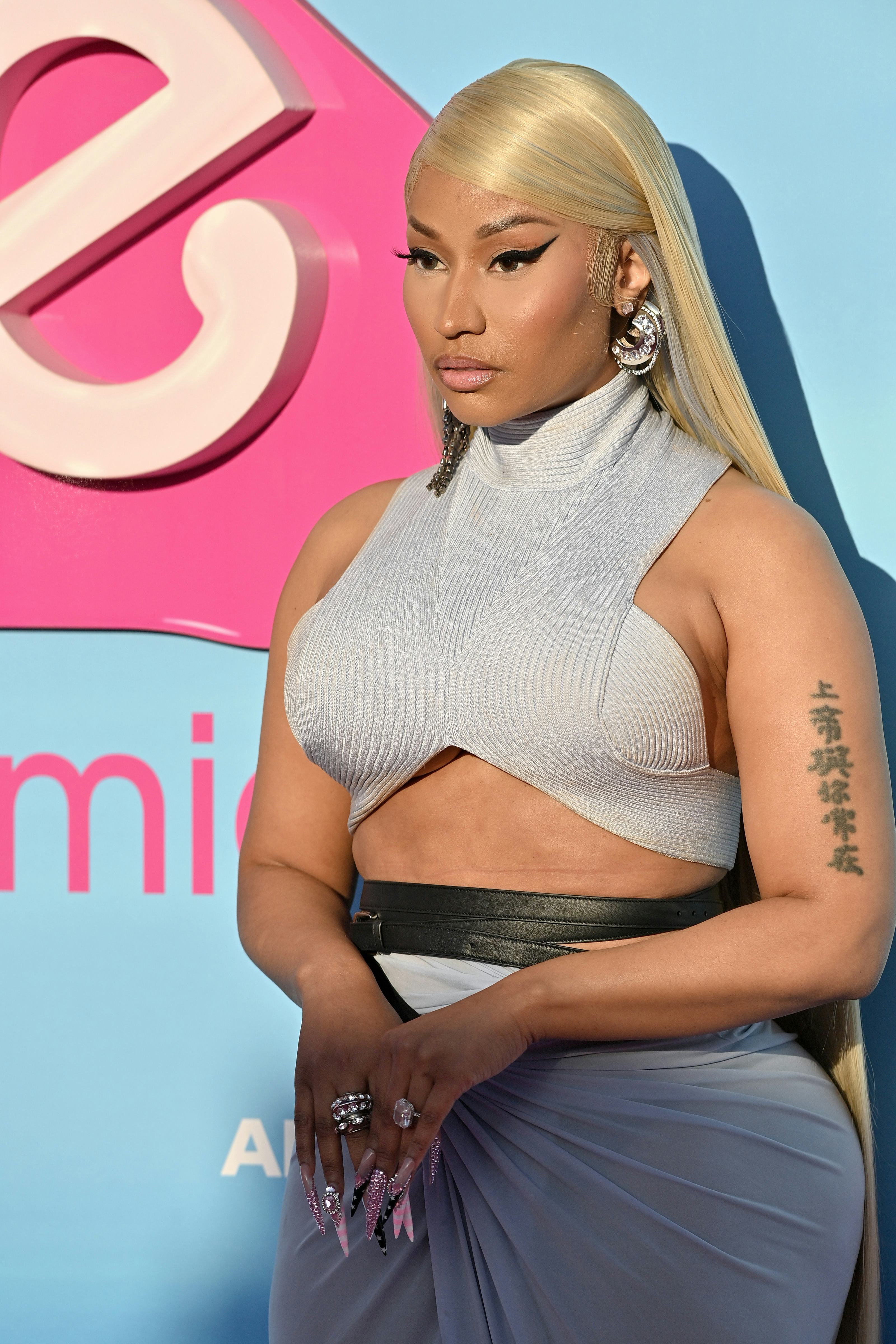 Nicki Minaj&rsquo;s 3D pink nail art at the World Premiere of &ldquo;Barbie&rdquo; on July 09, 2023.