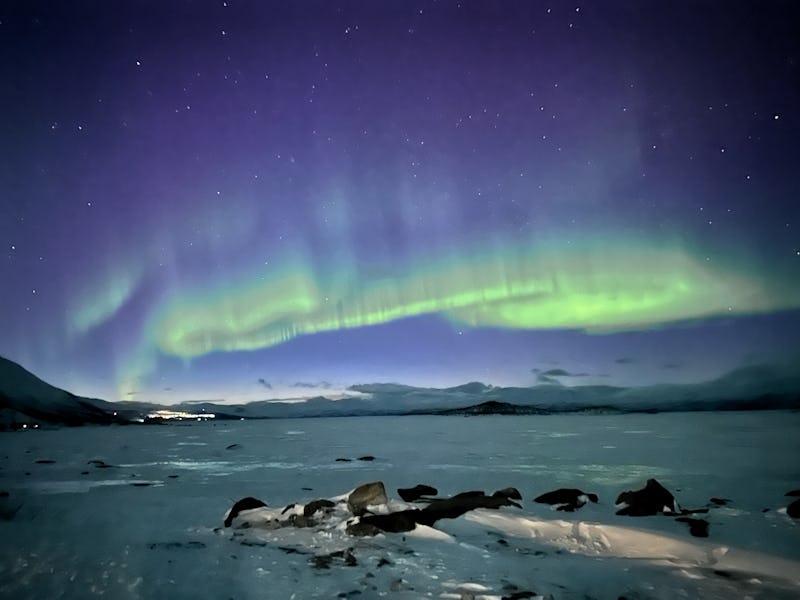 ABISKO, SWEDEN - MARCH 25: A general view during the northern lights also known as aurora, colorful ...