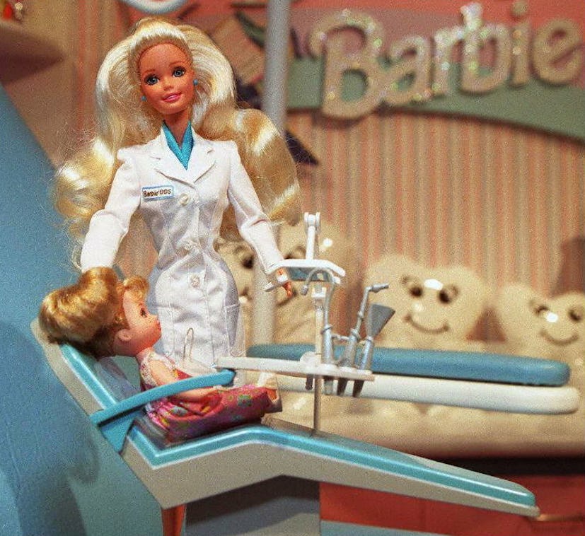 NEW YORK, NY - FEBRUARY 10:  A dentist Barbie doll is displayed 10 February in New York during the f...