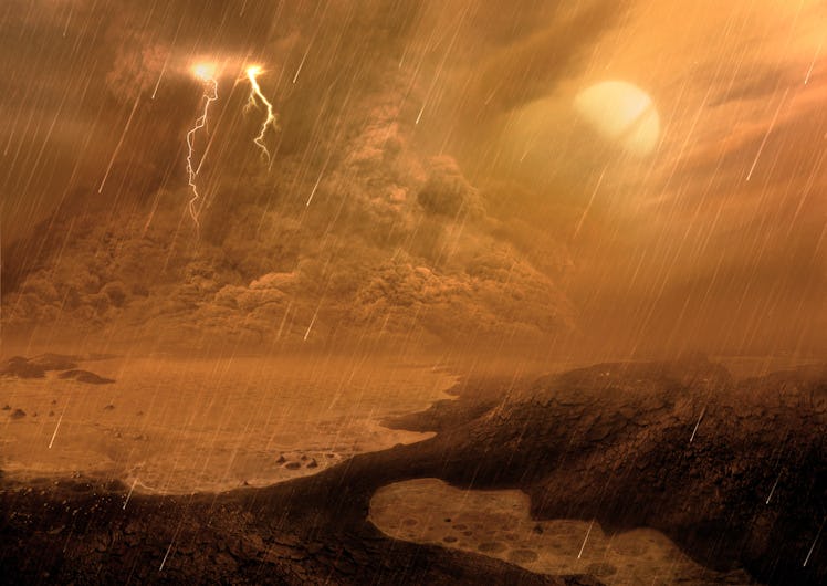 Dust storm of the surface of Titan, illustration. Titan, the largest moon of Saturn, is the only bod...