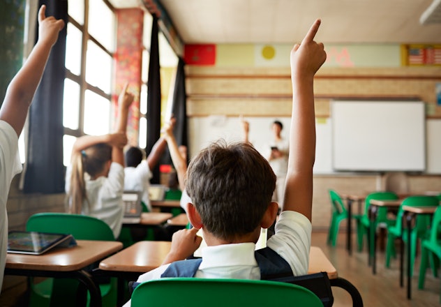 photo of student boy raising hand in classroom from back of class in article about first day of scho...