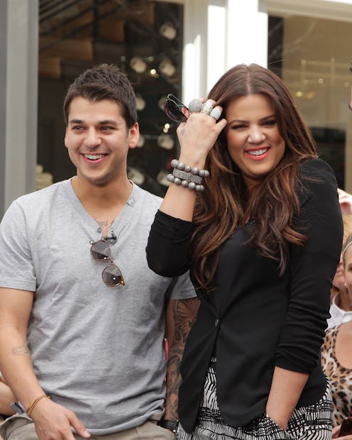 Khloe Kardashian (R) and Rob Kardashian visit Extra at The Grove on April 5, 2011 in Los Angeles, Ca...