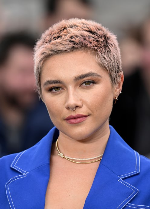 Florence Pugh just before she swapping her short pink hair for an orange hair color.