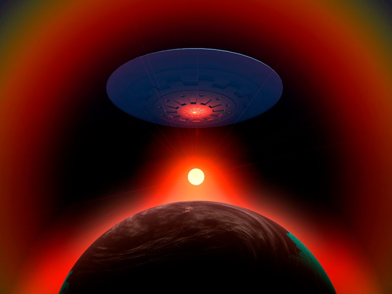 An Alien Flying Saucer Leaving Its Home world, As It Starts Its Journey Through Outer space.