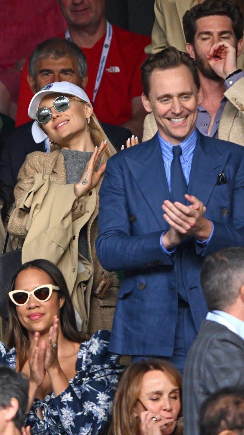 LONDON, ENGLAND - JULY 16: Poppy Delevingne, Jonathan Bailey, Ariana Grande and Tom Hiddleston watch...