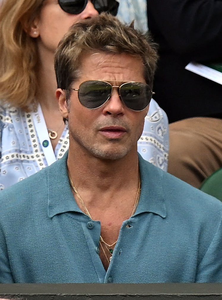 US actor Brad Pitt watches the men's singles final tennis match between Spain's Carlos Alcaraz and S...