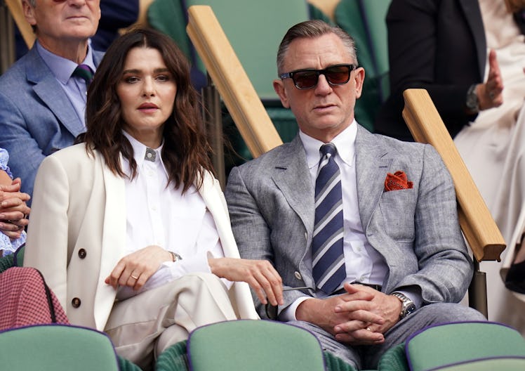 Daniel Craig and Rachel Weisz in the royal box on day fourteen of the 2023 Wimbledon Championships a...