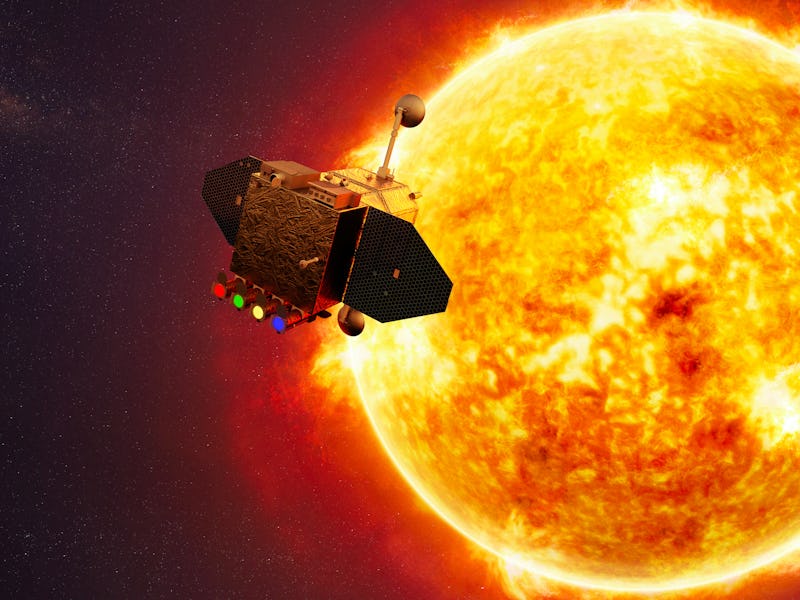 Artist rendering of the NASA Solar Dynamics Observatory near the Sun, created on March 24, 2021. (Il...