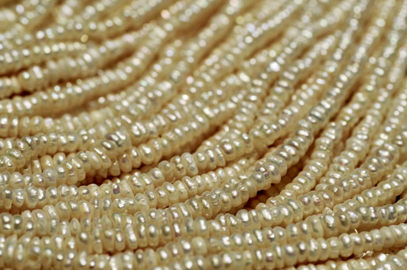 Full frame of many strands of white freshwater pearls
